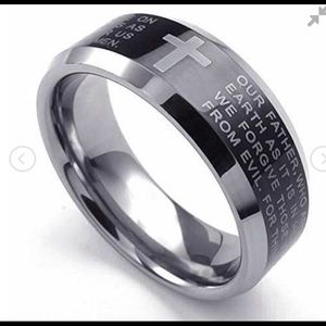 Tungsten The Lords Prayer Cross Ring Sz. 10